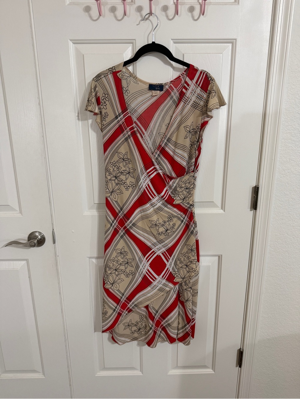 Vintage Y2K RAG Dress M Red Plaid Floral Faux Wrap Midi Made in USA
